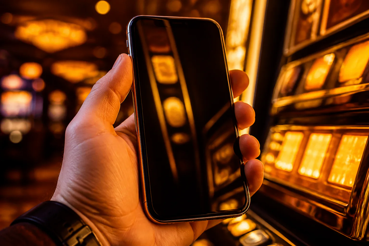 Smartphone mit Dragonia Casino im mobilen Browser, warmes Licht eines Spielautomaten spiegelt sich im Display