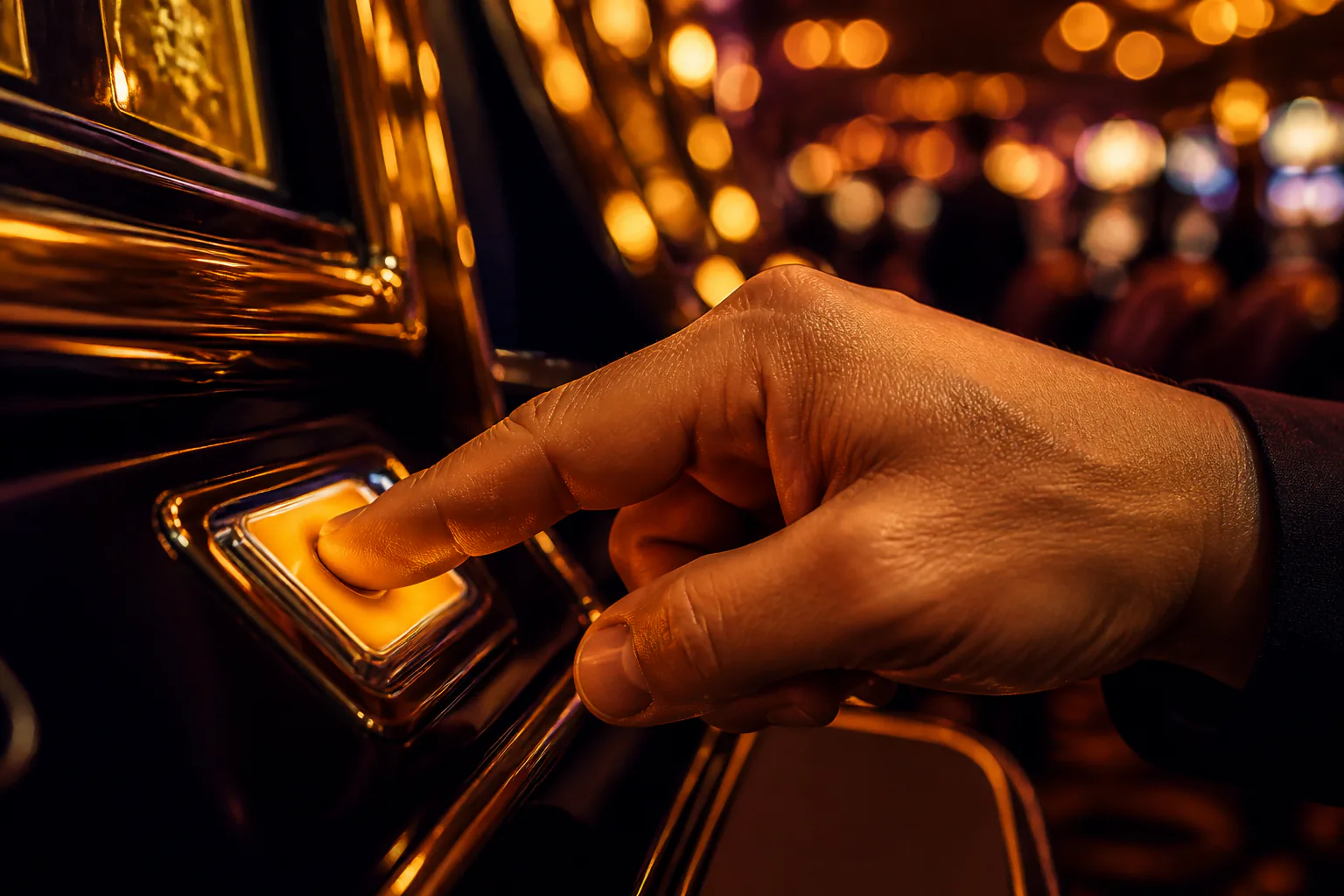 Hand drückt einen leuchtenden Auszahlungsknopf an einem polierten Spielautomaten, Casinosaal unscharf im Hintergrund