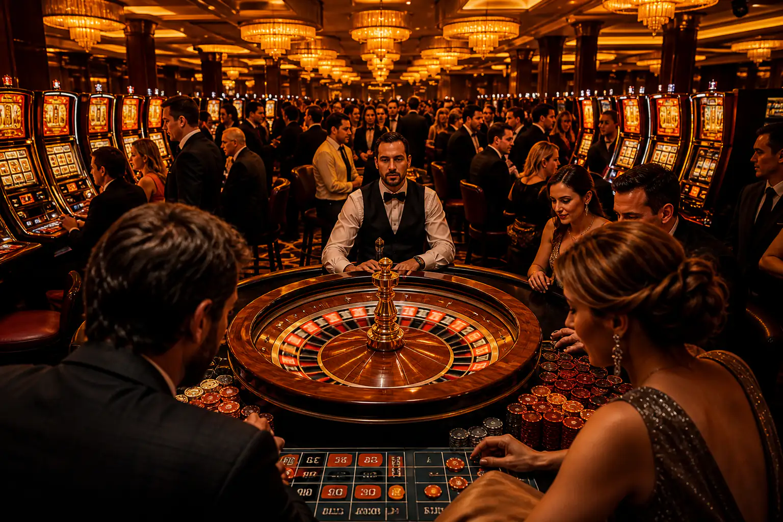 Dragonia Casino Österreich — Blick über einen Spielsaal mit leuchtenden Automaten und Roulette